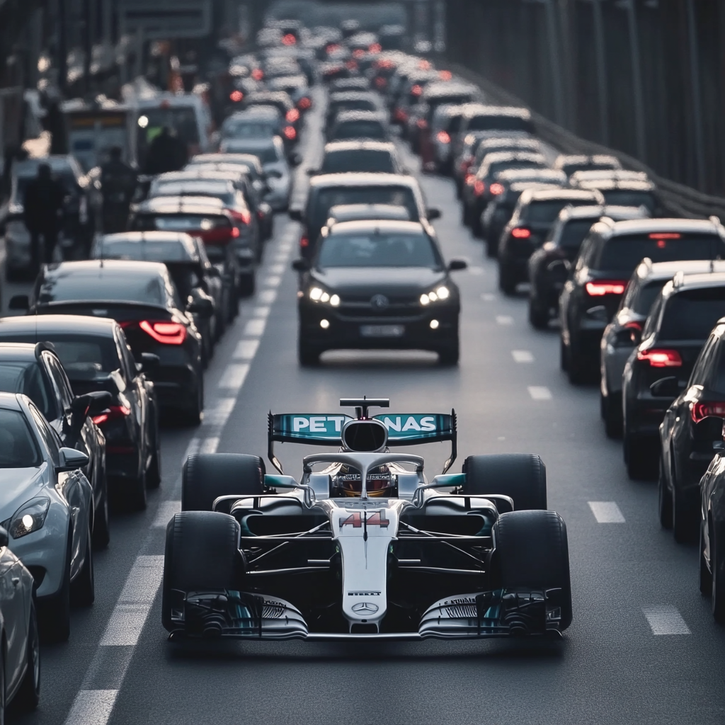 Formula 1 car stuck in highway traffic