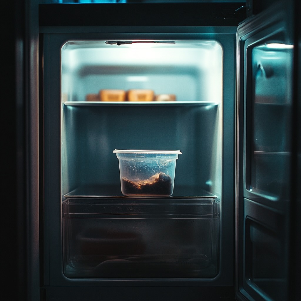 An open fridge with a single, ominous container in the center